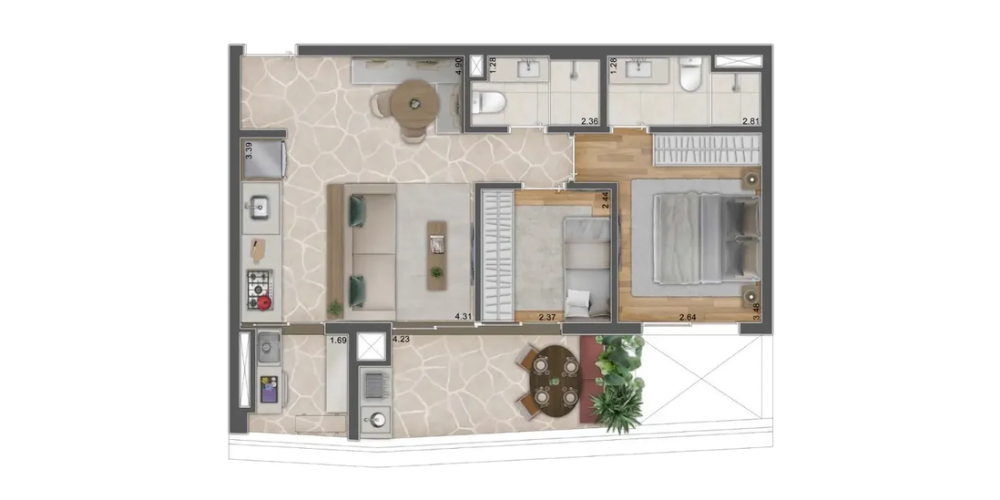 67M² 2 Dorms. 1 Suíte