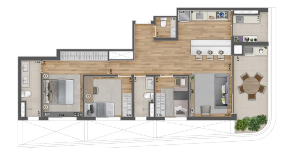95M² 3 Dorms. 1 Suíte