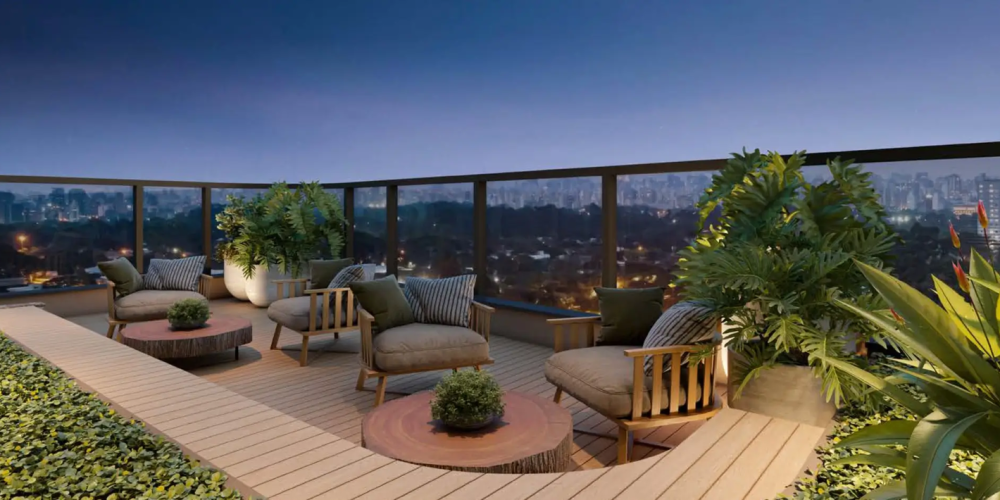 Estar externo com vista para o jardim paulistano