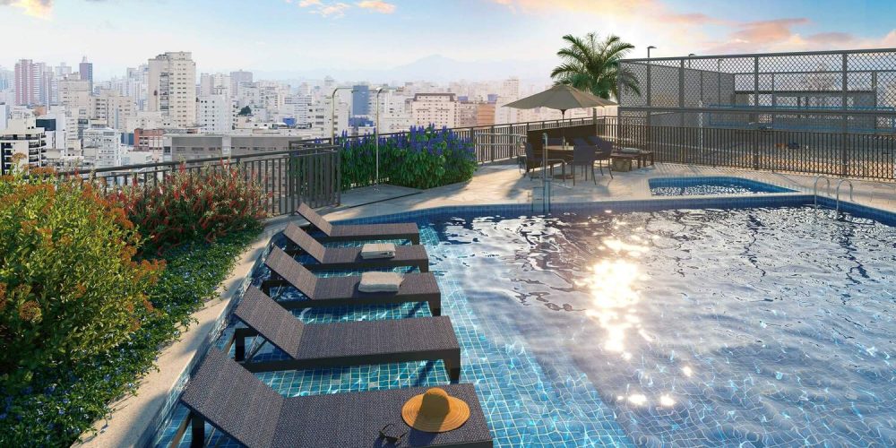 Piscina externa com deck molhado